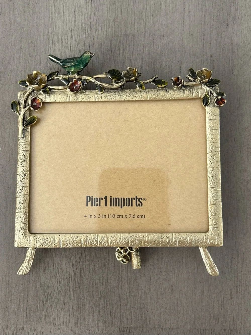 Pier One Imports Gold Tone Enameled Floral Bird Easel Back Photo Frame 4x3